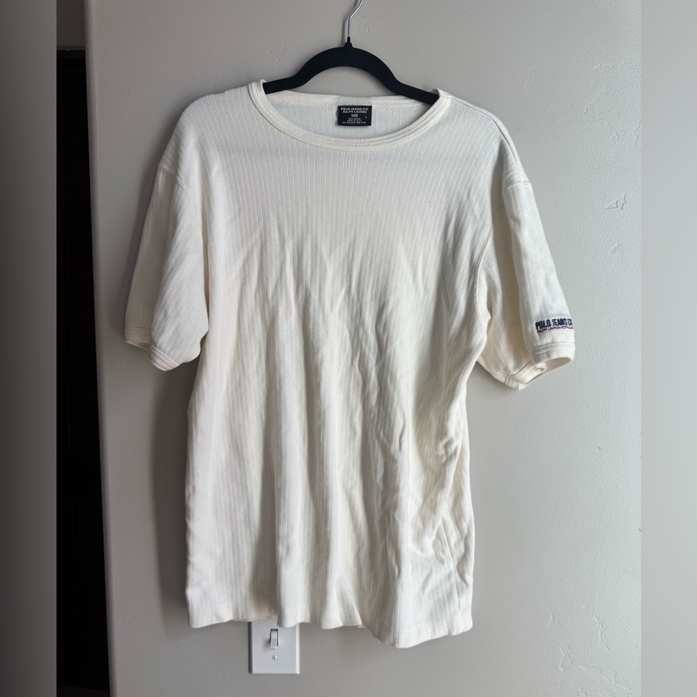 Polo Jeans Co Ralph Lauren rib knit tee embroidered logo vintage Y2K USA L ivory